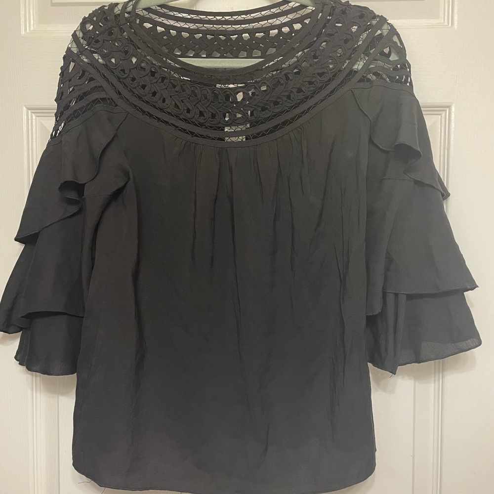 American Rag Black Boxy Ruffled Blouse with Lace Neckline - Picture 3 of 5